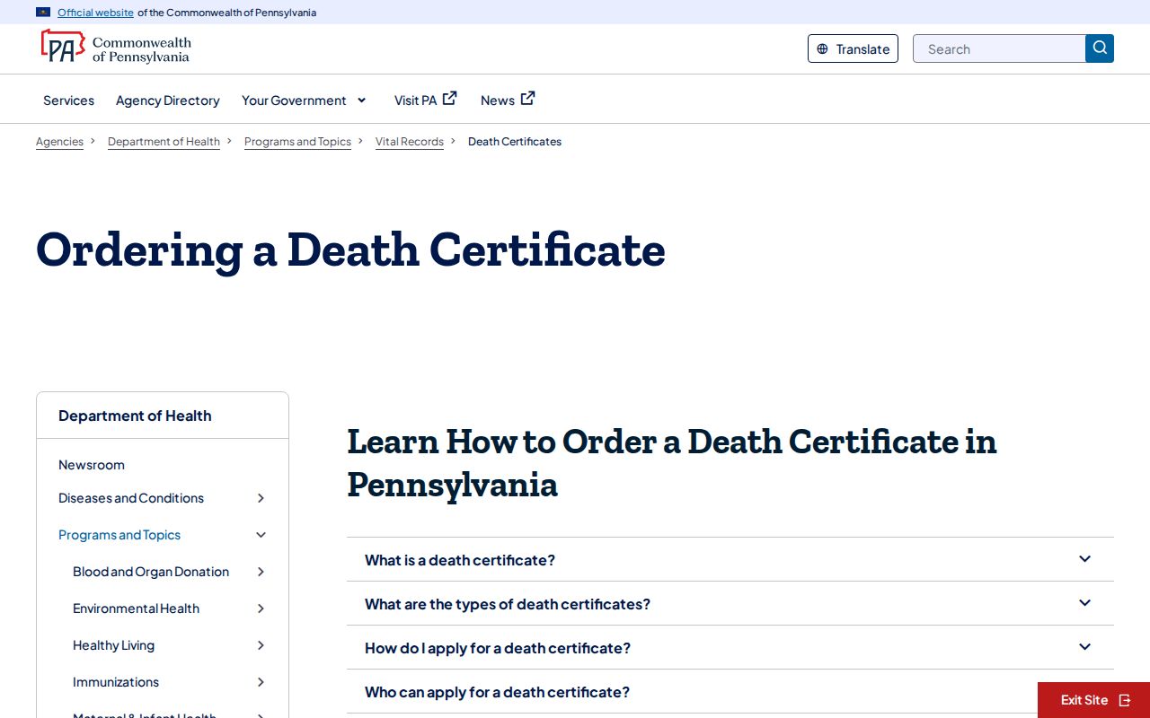 Montgomery Township resident lookup Pennsylvania death certificate access