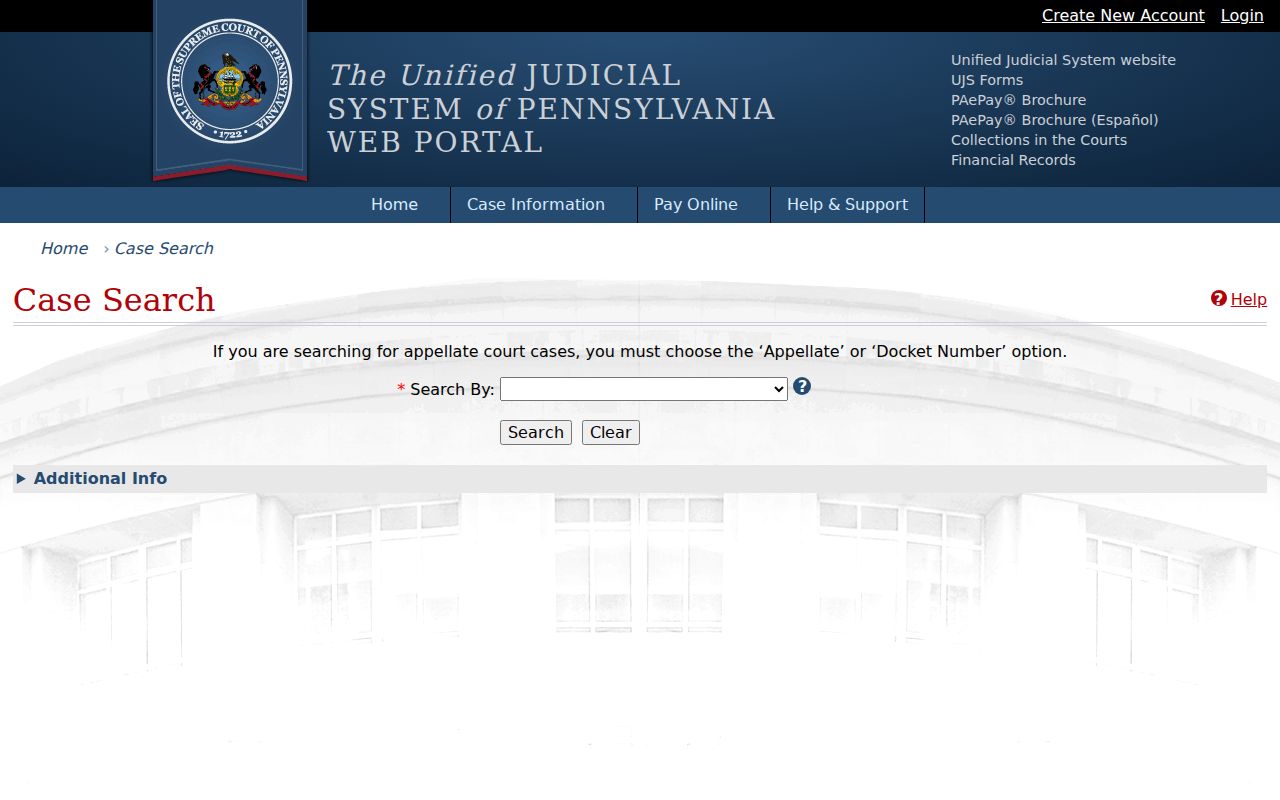 Montgomery Township resident lookup Pennsylvania UJS Case Search fields